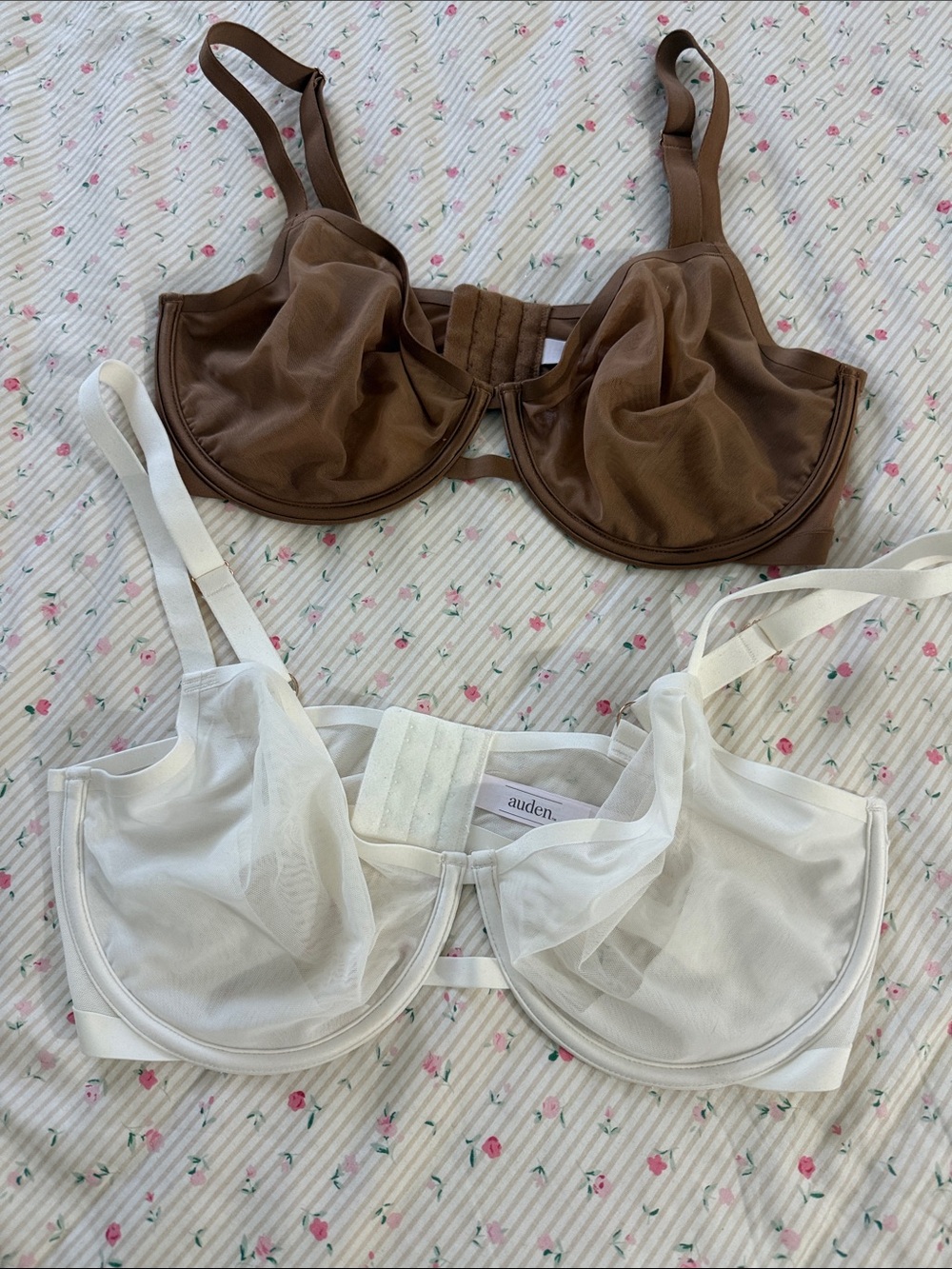Auden Sheer Underwire Bra Set in White and Brown
